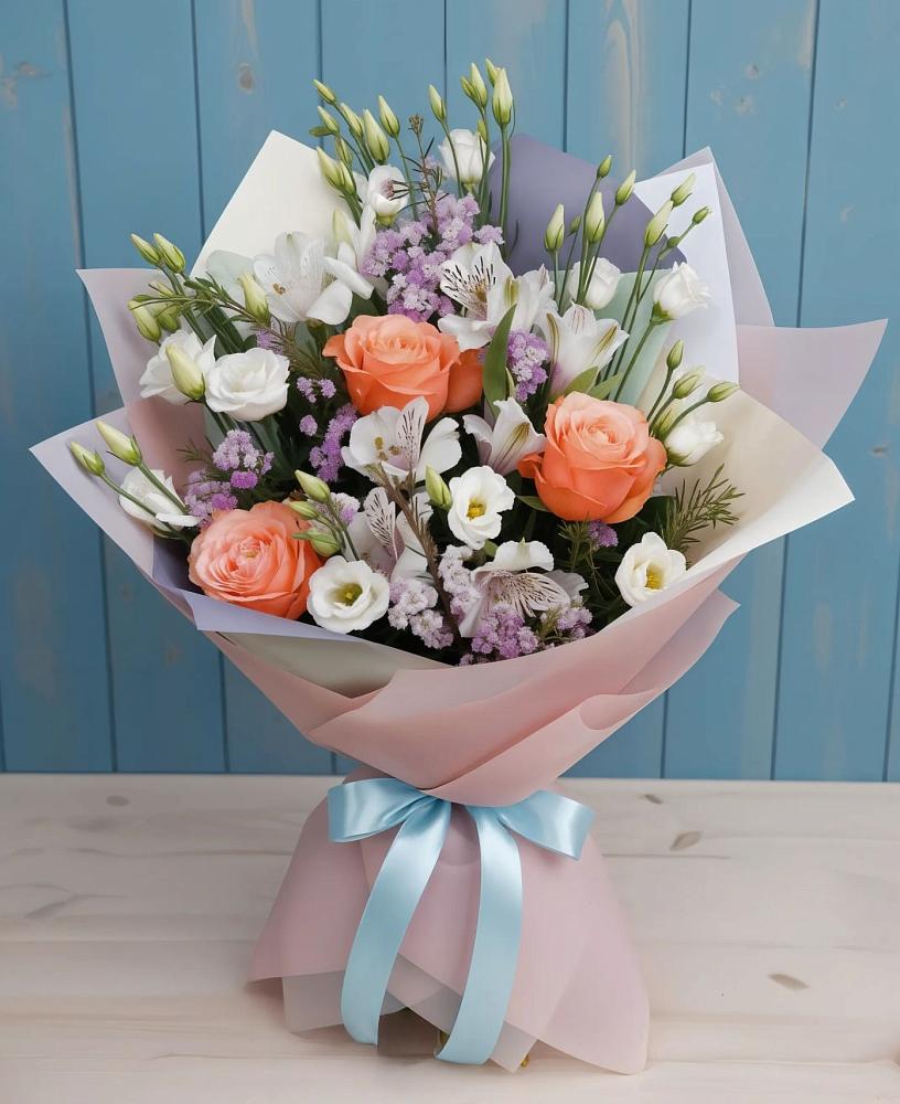 Букет цветов из: Лизиантусы, Розы, Альстромерии и Гипсофила в Дмитровский Погост