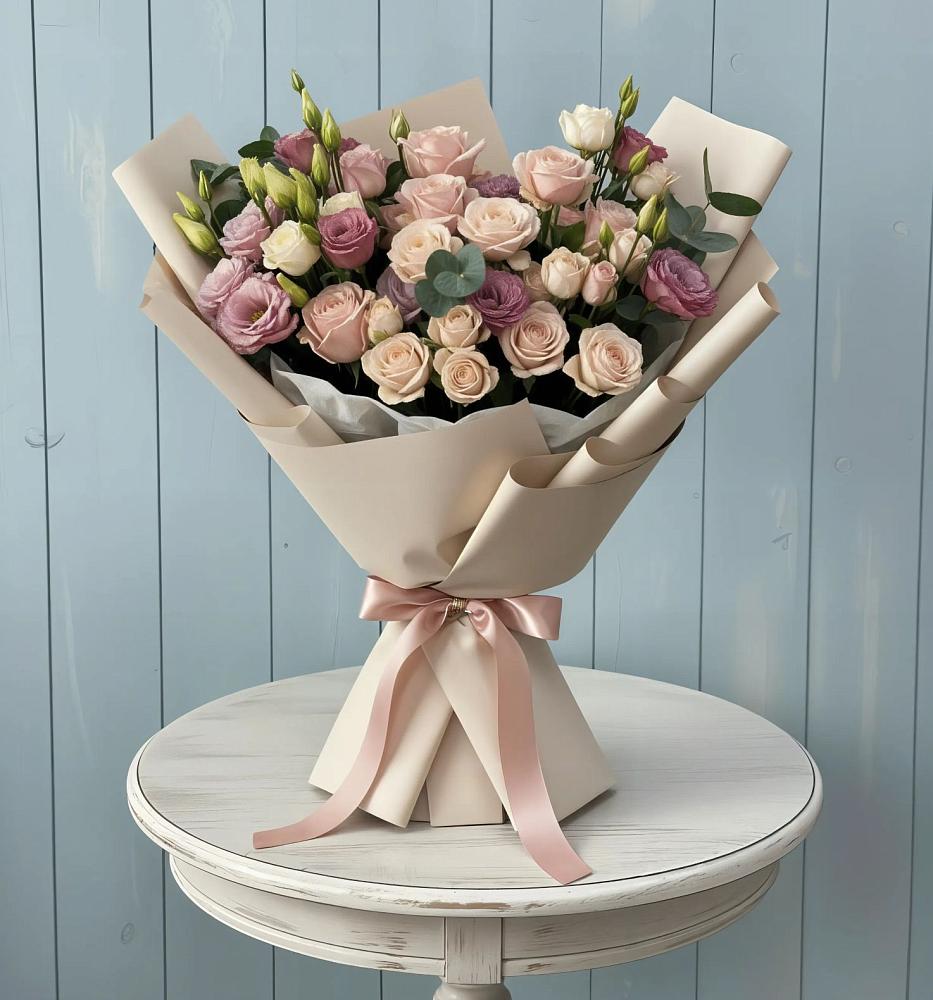 Букет цветов из: Розы и Лизиантусы в Дмитровский Погост