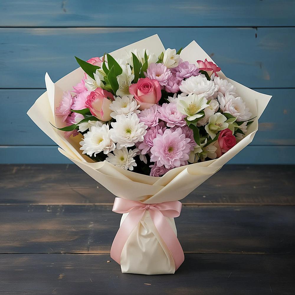 Букет цветов из: Хризантемы, Альстромерии и Розы в Дмитровский Погост